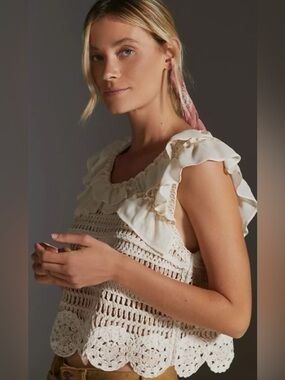 Anthropologie  Crochet Ruffle Sleeveless Top XS/S